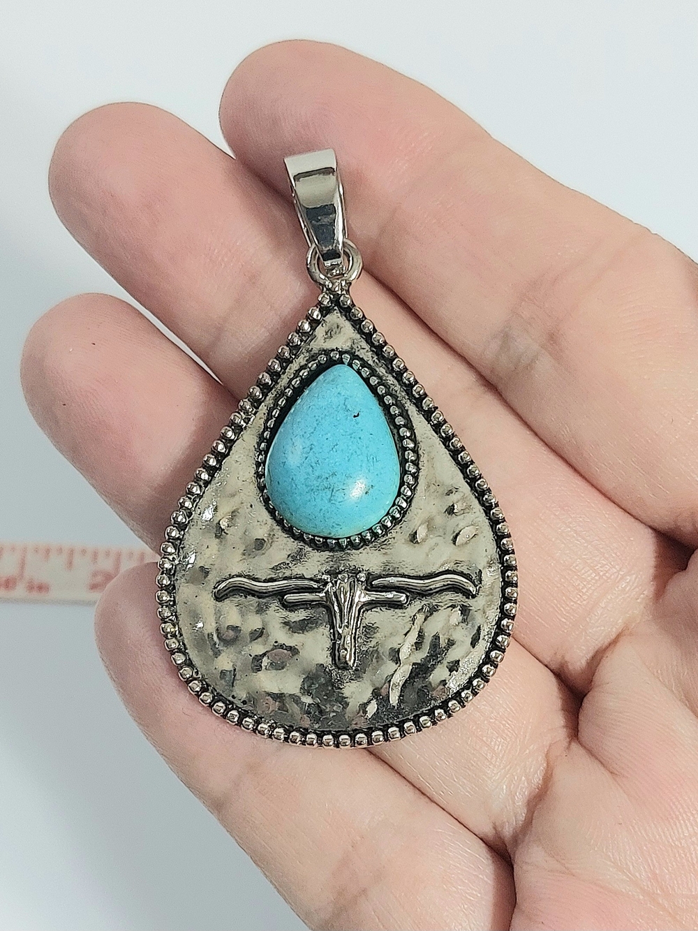 Western Teardrop Blue Turquoise Dyed Stone Silver-Tone Bezel Pendant Charm